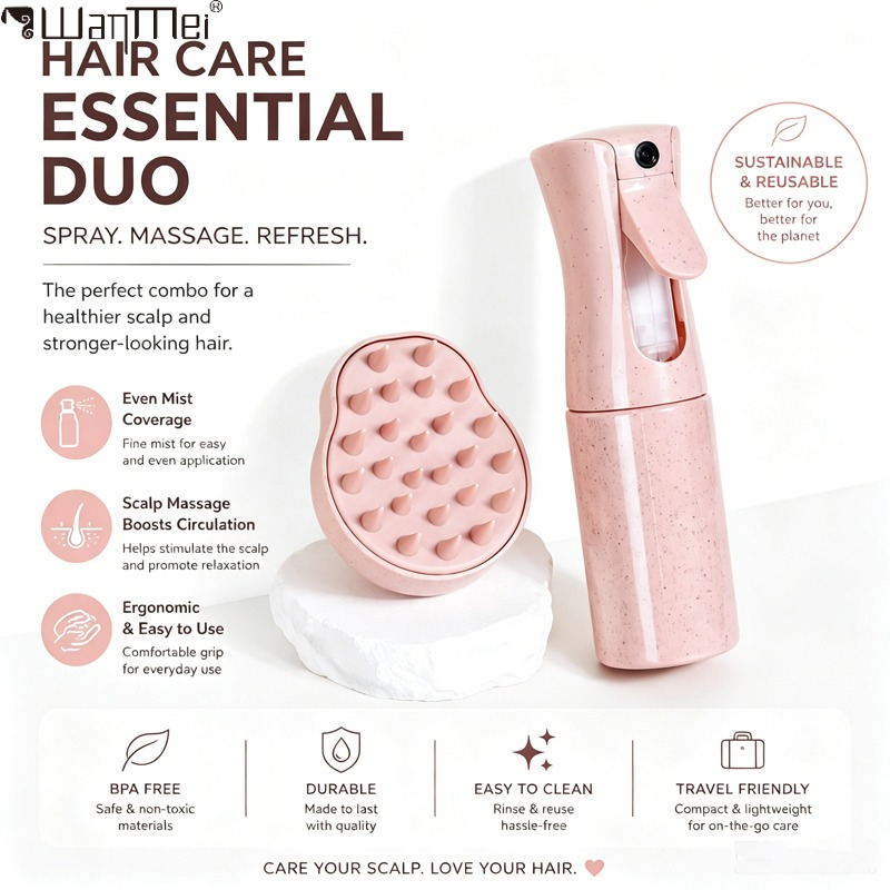 Misting Bottle Fine - ชุดดูแลเส้นผมแบบเติมได้ ขวดสเปรย์ละอองละเอียด และแปรงนวดหนังศีรษะซิลิโคนนุ่ม ชุดดูแลเส้นผมและหนังศีรษะแบบพกพาสำหรับการเดินทาง