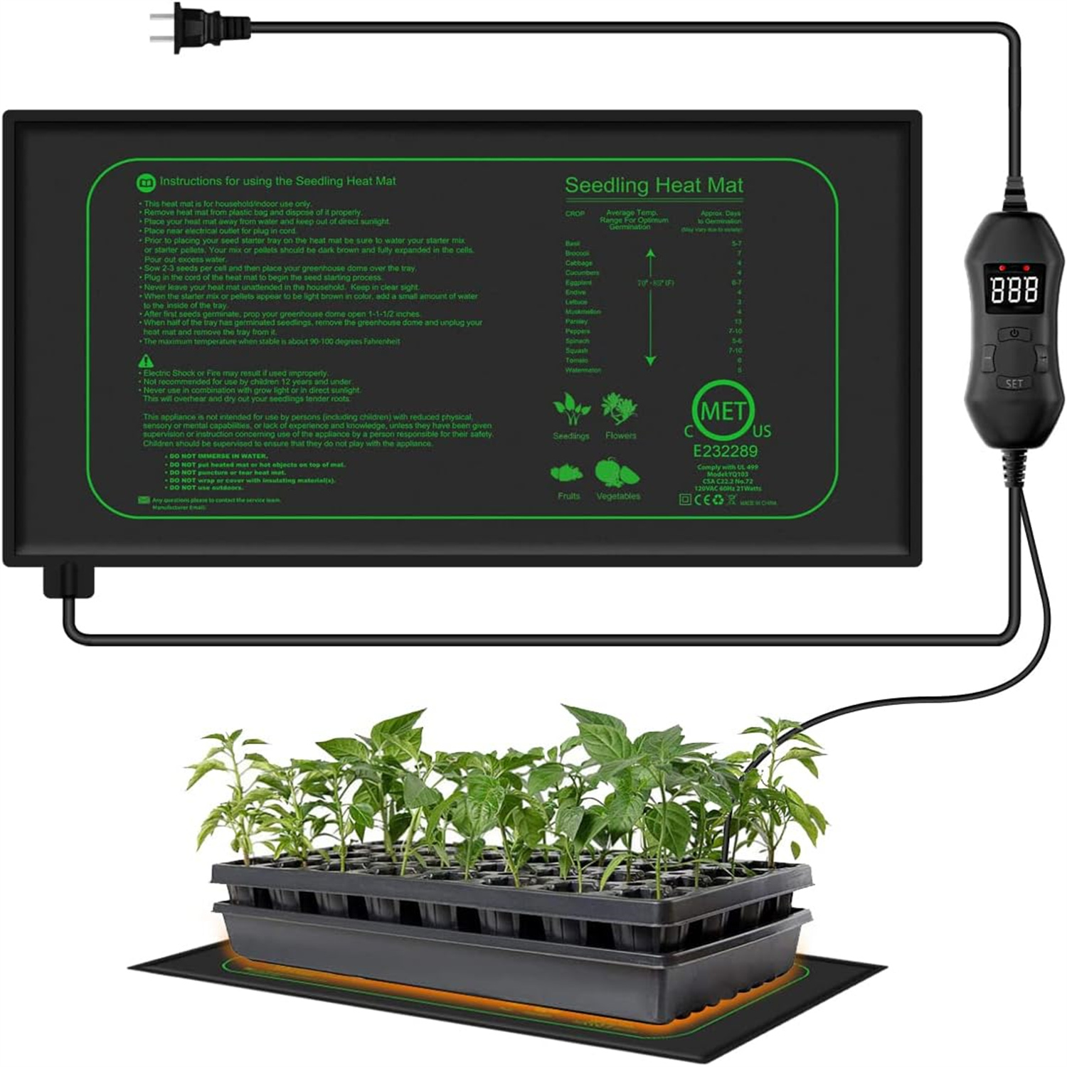 Heat Mat Seedling - แผ่นทำความร้อนสำหรับต้นกล้าพร้อมเทอร์โมสตัทดิจิตอล สำหรับปลูกพืชในร่ม แผ่นทำความร้อนเพื่อการงอกของเมล็ดพันธุ์ แผ่นเพาะพันธุ์ แผ่นเริ่มต้นการเพาะพันธุ์ ปลั๊ก